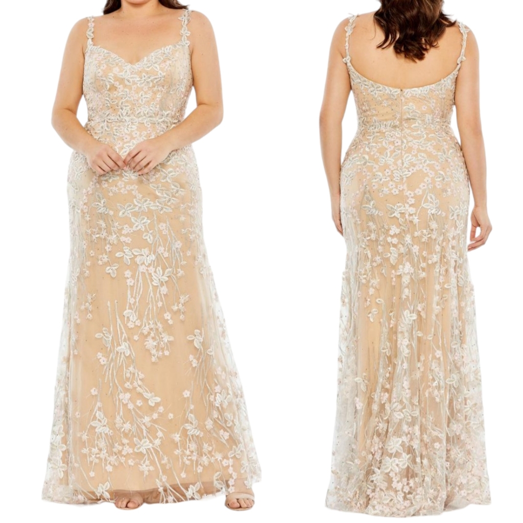 Mac Duggal Size 20w Floral Embroidered Spaghetti Strap Trumpet Nude 68160 Dress
